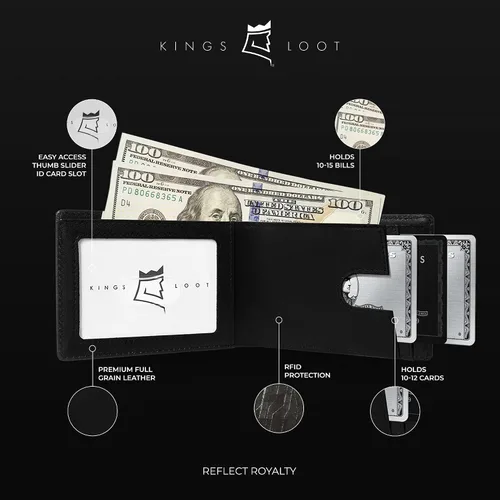 Vista 5 de Kings Loot Carteras de cuero genuino Kings Fold para hombre, Negro -, Cartera Rfid