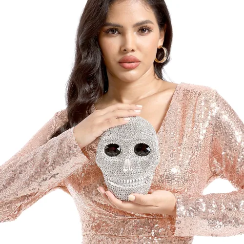 Vista 9 de Boutique De FGG Bolso de mano de cristal de calavera para mujer, bolso de mano de noche con diamantes de imitación, para fiesta, graduación