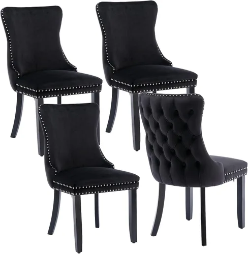 Vista 24 de mikibama Juego de 2 sillas de comedor tapizadas de terciopelo con respaldo de ala, sillas de comedor con patas de madera maciza con botón de cabeza