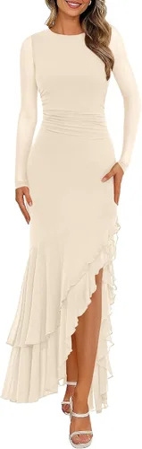 Vista 19 de BTFBM Maxi vestidos de mujer otoño 2026 manga larga vestido de invitada de Café