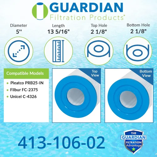 Vista 2 de Guardian paquete de 2 filtros de repuesto para alberca o spa compatible con Unicel C-4326 C-4625 Filbur FC-2375 Pleatco PRB-25, cartucho de 25 pies