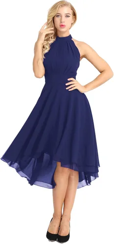 Vista 2 de TSSOE Vestido acampanado sin mangas con cuello halter para mujer, vestido de cóctel alto y bajo, vestido de fiesta de regreso a casa