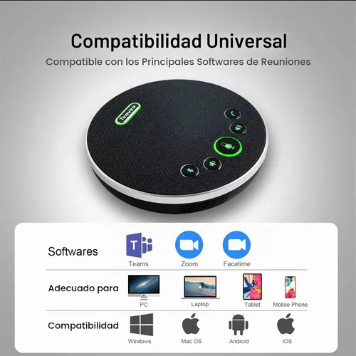 Vista 7 de Tenveo Micrófono de altavoz de conferencia, conectividad Bluetooth/Dongle/USB, 4 micrófonos de ruido AI y captación de sonido de 360°, compatible