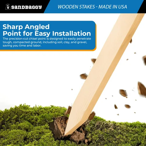Vista 3 de Sandbaggy Estacas de madera de 48 pulgadas, fabricadas en los Estados Unidos, 2 pulgadas de grosor, resistentes para construcción, jardinería