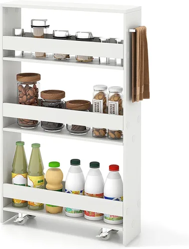 Vista 11 de COSTWAY Carrito de almacenamiento delgado y rodante, carrito utilitario rodante de 4 niveles, carrito de almacenamiento de cocina de madera con asa