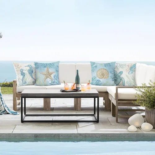 Vista 3 de Bonhause - Juego de 4 fundas de almohada decorativas de playa oceánica, almohadas costeras al aire libre de caballito de mar, tortuga, estrella