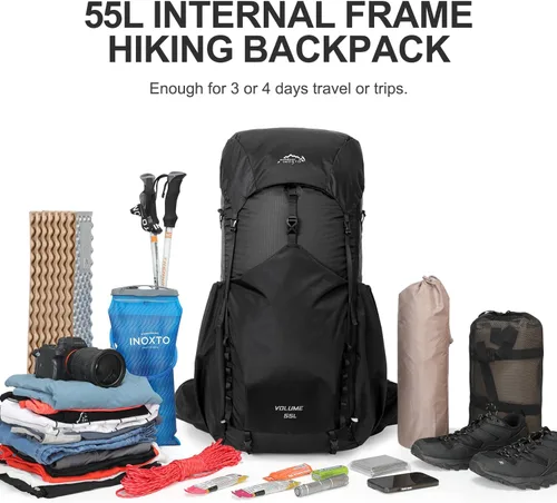 Vista 7 de IX INOXTO 55L Mochila con armazón interno resistente al agua para senderismo y camping con vejiga de agua de 3L y cubierta contra la lluvia, mochila