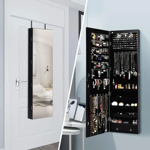 Vista 2 de Giantex Armario de joyería para puerta de pared con espejo de longitud completa 2 LED con cerradura grande organizador de joyas con espejo ancho