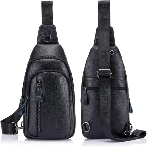 Vista 4 de BULLCAPTAIN Mochila bandolera de cuero genuino para hombre, mochila cruzada para viajes al aire libre, casual, mochila, Blcak