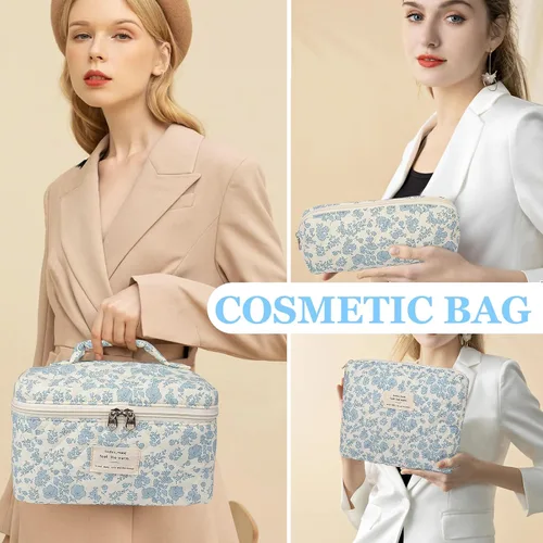 Vista 4 de Juego de bolsas de maquillaje, bolsa de maquillaje acolchada, bolsa grande para cosméticos florales para mujer, bonitas bolsas de maquillaje