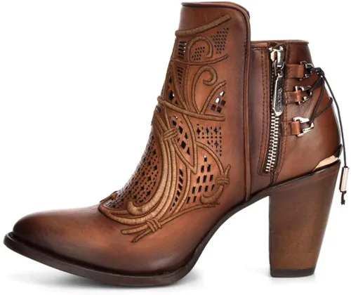 Vista 4 de Cuadra Botines para mujer en piel auténtica con bordado y cremallera marrón Marrón