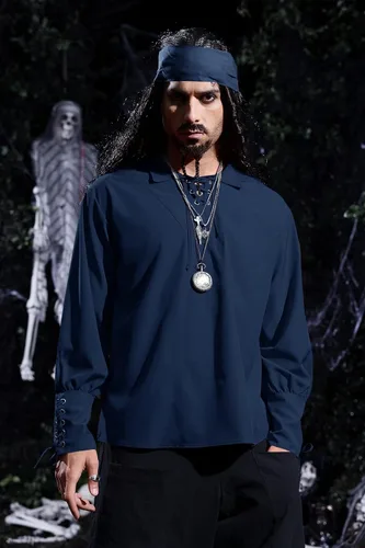 Vista 3 de Camisas medievales de pirata renacentista para hombre, con cordones, disfraz vikingo, mercenario, escocés, camisetas de jacobita ghillie, 01 Azul