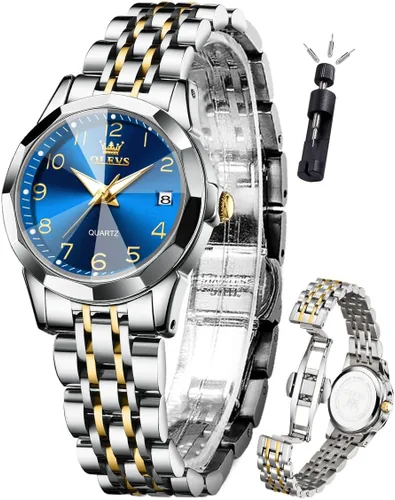 Vista 15 de Relojes de pulsera OLEVS para mujer, reloj pequeño de acero inoxidable para mujer, reloj de moda analógico de cuarzo para damas Classic Elegant Azul