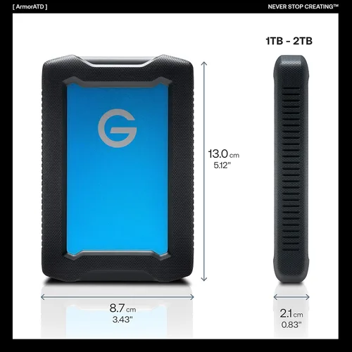 Vista 3 de G-Technology - Disco duro externo portátil todo terreno, 1 TB ArmorATD, USB-C, Thunderbolt 3, USB 3.0