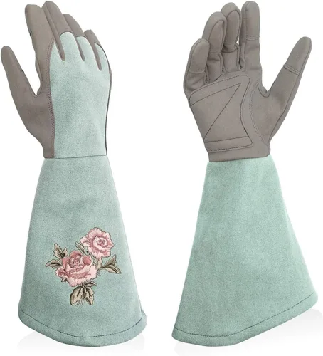 Vista 15 de Rose Pruning Gloves with Forearm Protection, Thorn Resistant Embroidery Design with Extra Long Cuff for Gardening and Pruning Tasks Rosa rojo