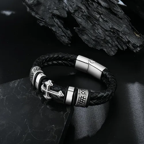 Vista 5 de Raymard Pulsera de cuero de doble fila cristiana para hombre - negrorojodorado y azul marino trenzado pulsera para hombres