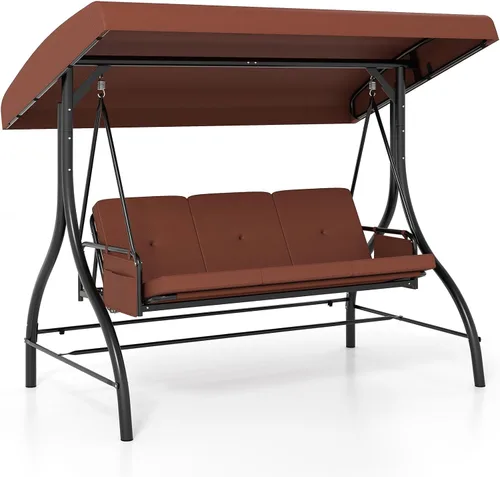Vista 13 de Tangkula Columpio para porche para 3 personas, columpio convertible 2 en 1 para exteriores con toldo ajustable, cojines extraíbles, marco de metal