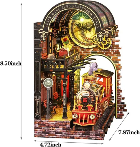 Vista 5 de Kit de rincón de libro, rompecabezas de madera 3D, kit de rincón de libros con tren de vapor, kit de habitación en miniatura para bricolaje, soporte