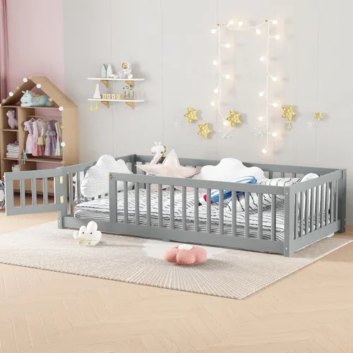 Vista 12 de Harper & Bright Designs - Cama de suelo para niños de tamaño individual con valla y puerta, marco de cama Montessori de madera maciza, cama
