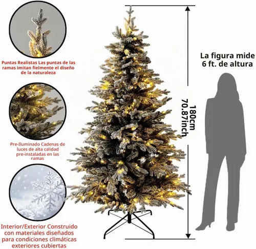 Vista 3 de HipTree Árbol de Navidad artificial de 1.8 m con nieve flocada y 200 luces LED de doble color, árbol de Navidad blanco iluminado para decoración
