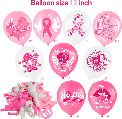 Vista 2 de HOWAF Globos decorativos de concientización sobre el cáncer de mama, globos de látex Hope Strength Courage para recuerdos de fiesta de cinta rosa