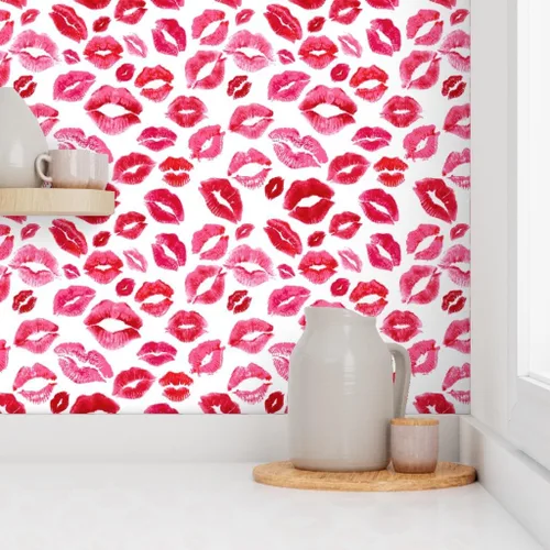 Vista 8 de Spoonflower Papel tapiz para despegar y pegar - Love Lips Red Valentine Beauty Lipstick Besos Acuarela Día de San Valentín Femenino Maquillaje Papel