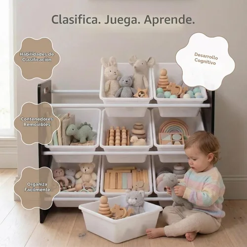 Vista 6 de Humble Crew Organizador de almacenamiento de juguetes con 9 contenedores de Espresso/Blanco
