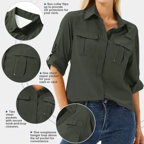 Vista 3 de Camiseta de Manga Larga para Mujer con Protección Solar UPF 50 para Safari, Pesca, Senderismo