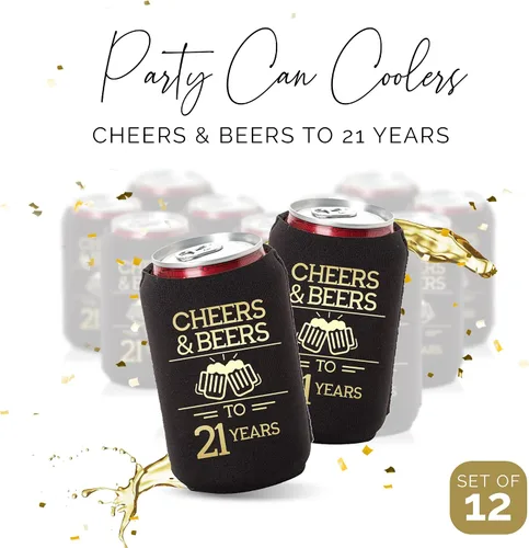 Vista 2 de Juego de 12 enfriadores de latas de Cheers and Beers to 21 Years - Decoraciones de cumpleaños número 21 en negro y dorado y recuerdos de fiesta