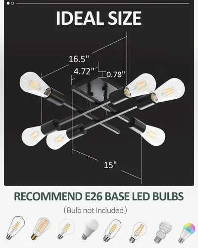 Vista 5 de Lámpara de techo semiempotrada de 6 luces, moderna lámpara Sputnik negra, lámpara de techo de granja E26, lámpara de techo para cocina, dormitorio
