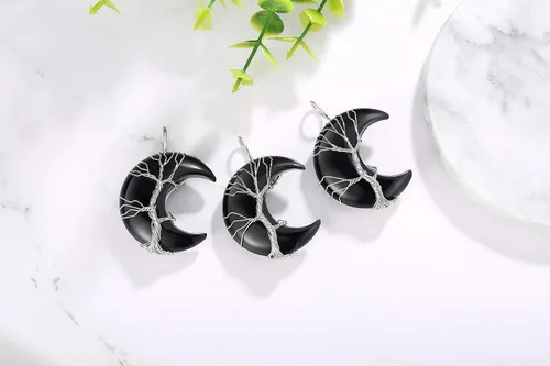 Vista 4 de QINJIEJIE Collares de cristales para mujer, collar de obsidiana negra, collar curativo de cuarzo para árbol de vida, alambre de luna creciente