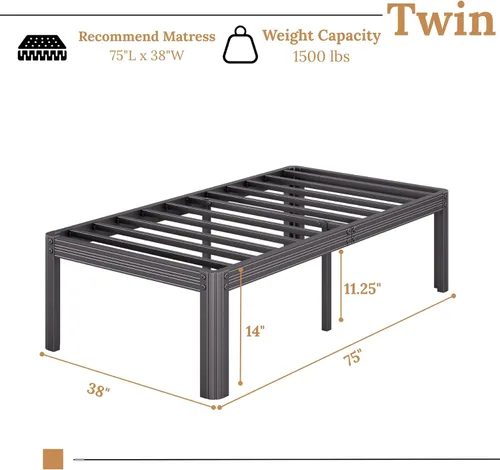 Vista 3 de Marco de cama de plataforma de metal doble de 14 pulgadas con Resistente, no necesita somier, sin ruido, fácil montaje, estilo contemporáneo, negro