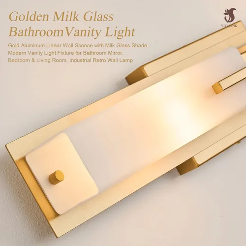 Vista 4 de VitaLink Lámpara de tocador dorada, 24 pulgadas, moderna lámpara de pared de baño sobre espejo de tocador, 2 luces cableadas de vidrio blanco