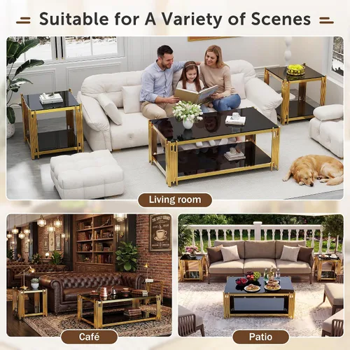 Vista 7 de Mesa de centro de cristal negro de 43 pulgadas, mesa moderna para sala de estar, acero inoxidable dorado, patas de metal, rectangular, de vidrio