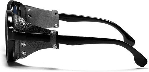 Vista 9 de Technigadgets Finnegan Steampunk - Lentes de sol retro para hombre y mujer, con escudo lateral de cuero, doble puente de plástico, marco de Negro