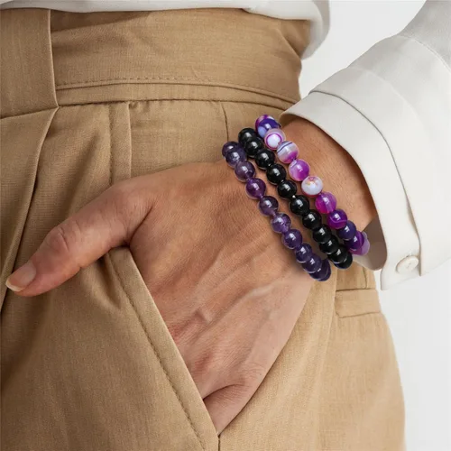 Vista 3 de Risyfjew 3 pulseras de cristal curativo para mujer de 0.315 in de piedra natural con cuentas elásticas de amatista, regalos de joyería