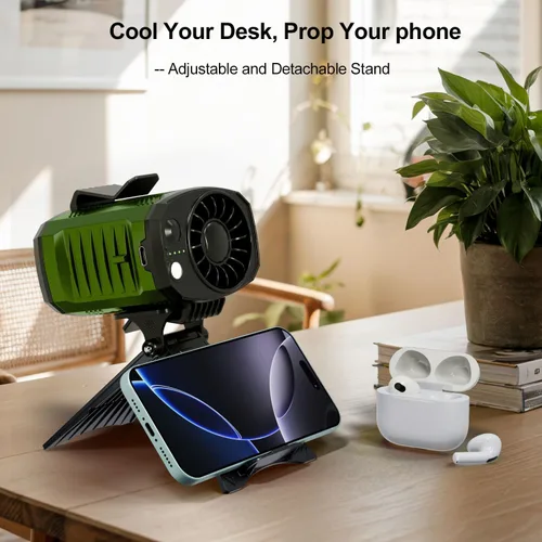 Vista 4 de Ventilador portátil 4 en 1 de cintura/cuello/escritorio con soporte para teléfono y luz LED Enfriamiento ultrarrápido de 10000 RPM, batería Verde