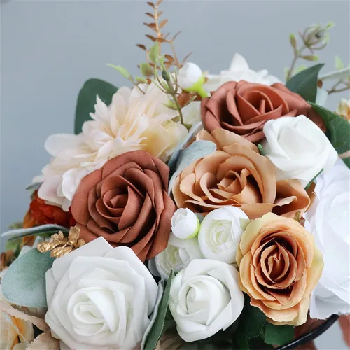 Vista 4 de Ramos de boda para novia, ramo en cascada para novia, boda, flores artificiales, ramo romántico rústico de boda (ramo naranja champán)