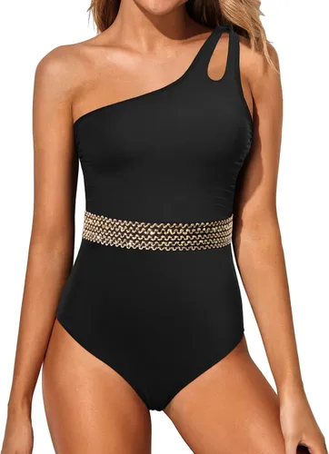 Vista 25 de Women's One Shoulder One Piece Tummy Control Swimsuit Full Coverage Diseño de ojo de cerradura, ajuste de cobertura completa, estilo modesto Negro