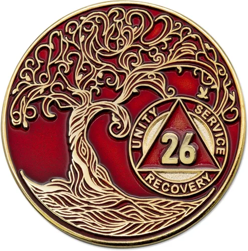 Vista 110 de 1 año Sobriety Mint Twisted Tree of Life Medallón de recuperación AA chapado en oro, chip/ficha - negro
