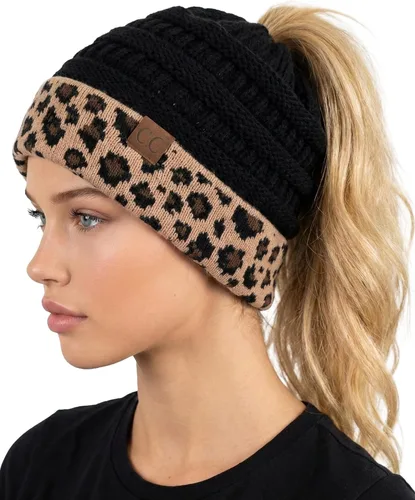 Vista 31 de Funky Junque Gorro de Cola de Caballo para Mujeres - Gorro de Invierno Ponyback Suave Elástico de Punto Trenzado Cola Alta Gorros para Correr