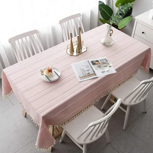 Vista 7 de Pahajim Mantel de lino rústico rectangular con borlas a rayas de algodón para mesa de cocina y comedor, cuadrada, 55 x 55 pulgadas, 4 asientos