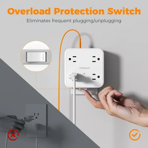 Vista 6 de TESSAN - Extensor de toma de corriente múltiple, extensor de enchufe de pared con 8 enchufes, divisor de salida múltiple con 3 puertos USB