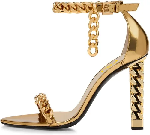 Vista 2 de FSJ Sandalias de tacón alto grueso de metal dorado para mujer, decoración de cadenas sexis con puntera abierta, correa de tobillo, sandalias