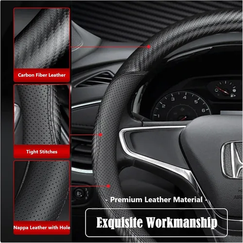 Vista 9 de Funda negra para volante de automóvil, compatible con Honda, de piel fina de napa premium, textura de fibra de carbono, 14 pulgadas, para Honda