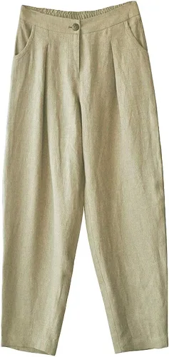 Vista 2 de Minibee - Pantalones informales de lino para mujer con cintura elástica y bolsillos