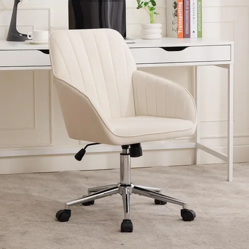 Vista 16 de Bonita silla de tocador beige con ruedas, silla de escritorio de oficina cómoda sin brazos de terciopelo para el hogar, silla giratoria