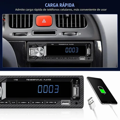 Vista 5 de Receptores de audio para coche con Bluetooth manos libres con pantalla LCD digital, radio FM para coche, reproductor de MP3, carga rápida