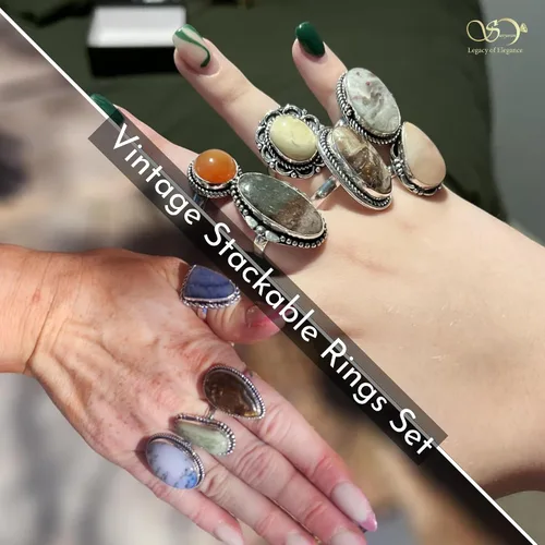 Vista 2 de Juego de 10 anillos apilables hechos a mano con piedras preciosas para mujer, chapados en plata, estilo bohemio, paquete de regalo de joyería gótica