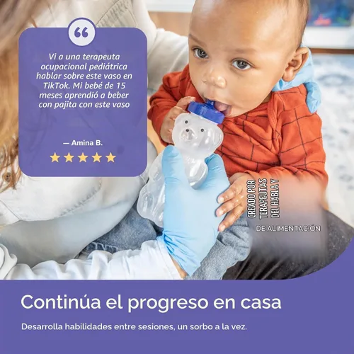 Vista 5 de TalkTools Vaso con pajita con forma de osito Miele con asa, 5oz – Entrenador de pajita suave para bebés y niños pequeños de 4+ meses – Agarre fácil